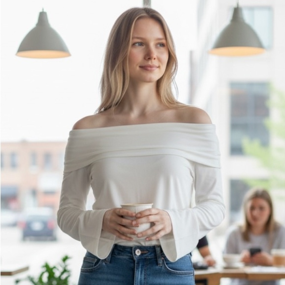 Off-the-Shoulder Long-Sleeve Top in White